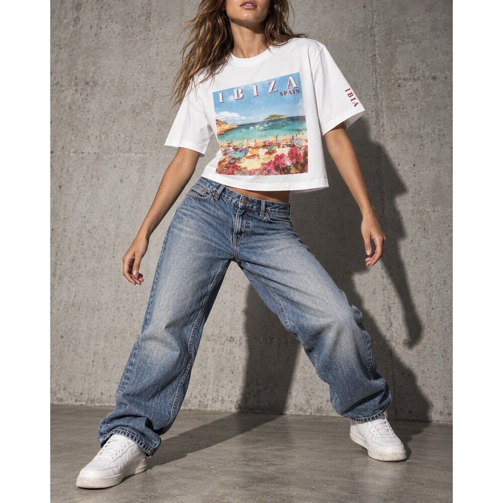 Organic Collective Ibiza Spain Graphic Crop Tee XS White Organic Cotton Beach